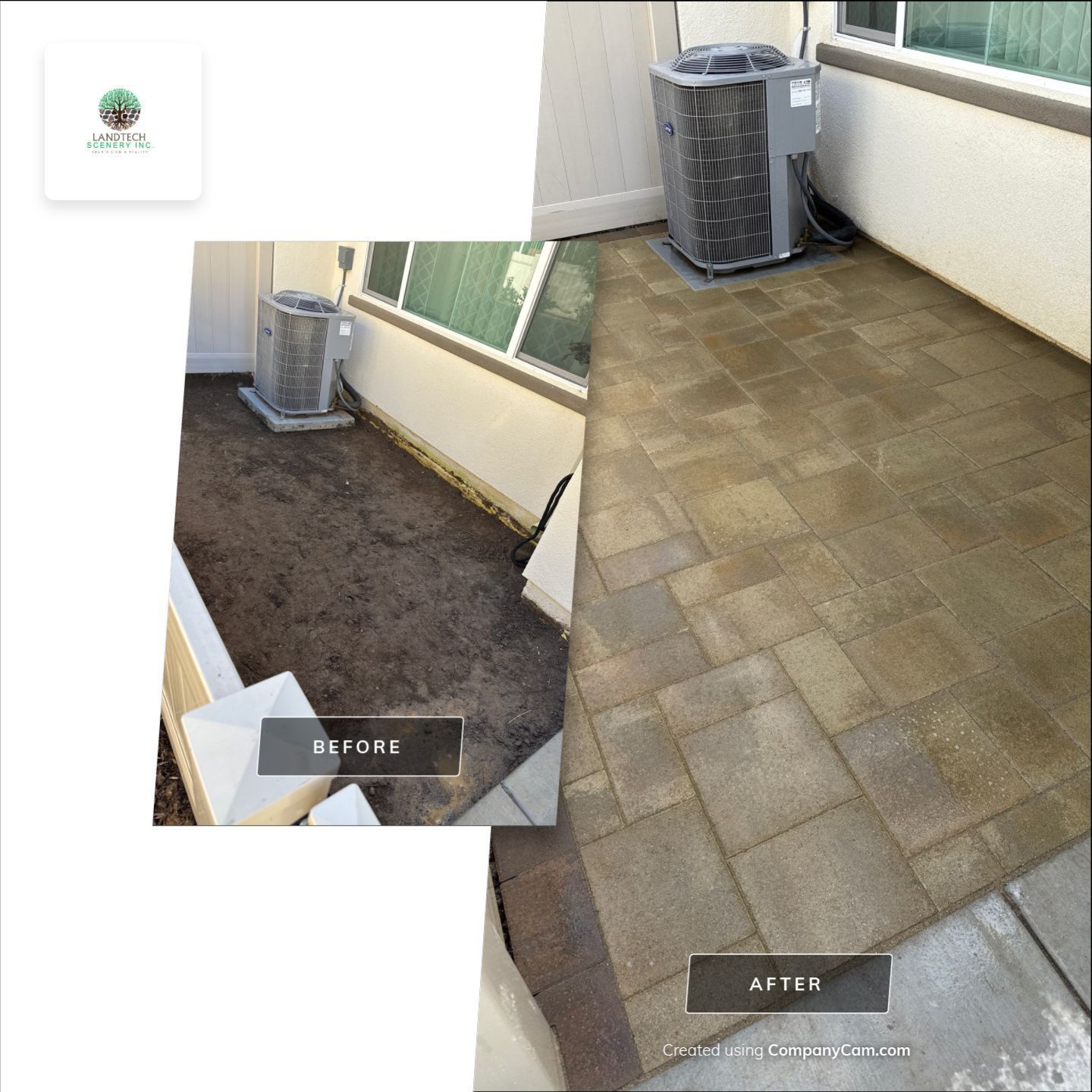 Before and after patio transformation: from dirt to paved stones, with AC unit visible.