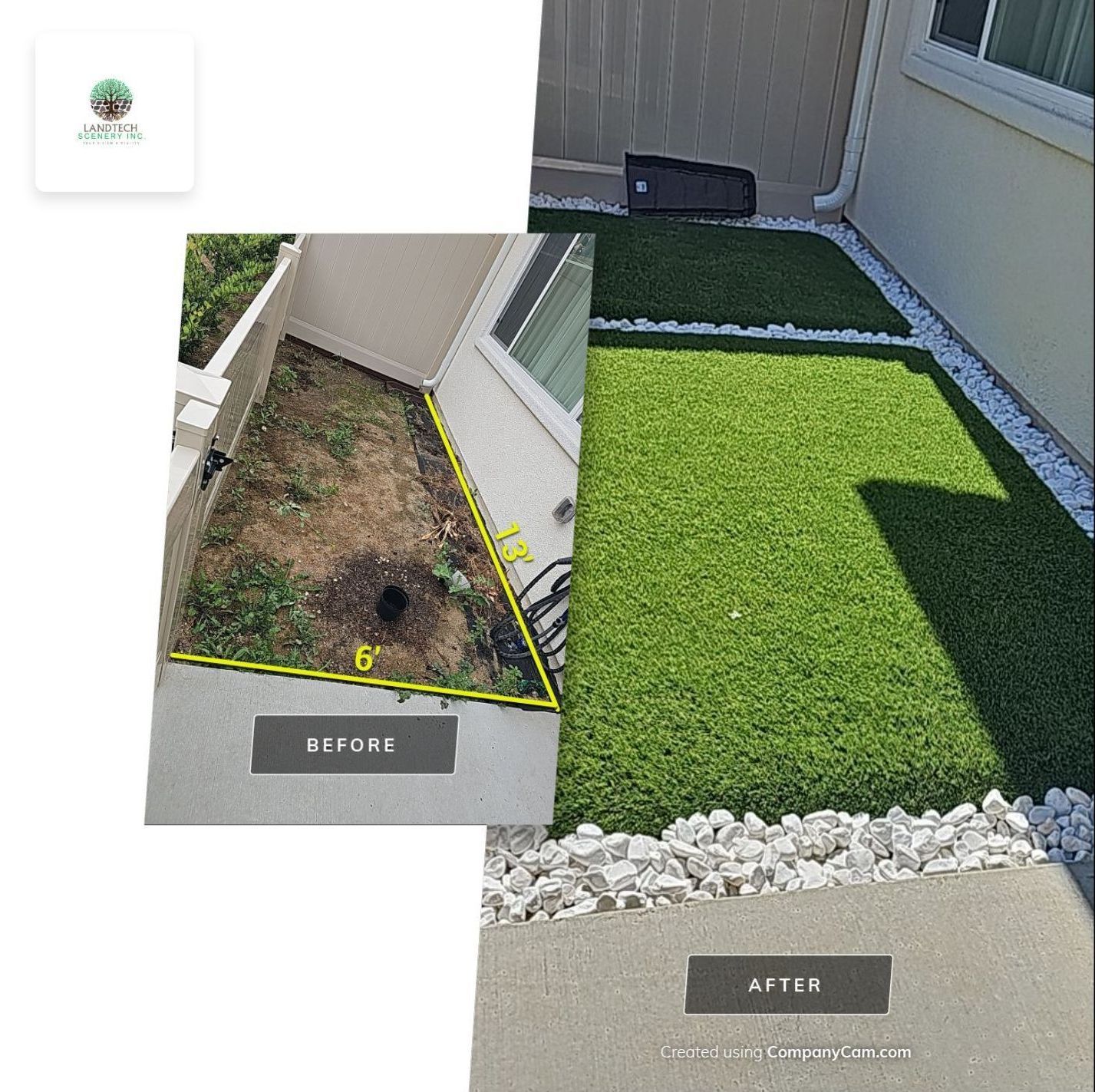 Before-and-after of a yard; the old, dirt area changed to lush green artificial turf with white rocks.
