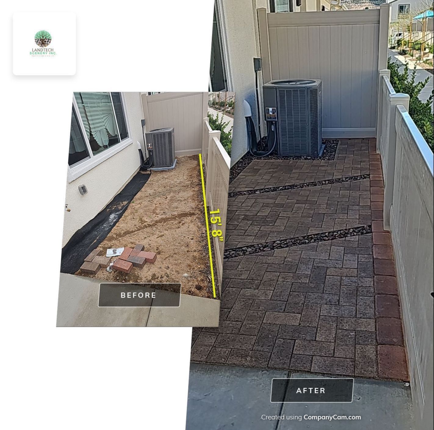 Before and after of a patio space; brown pavers replace dirt with an AC unit in the background.