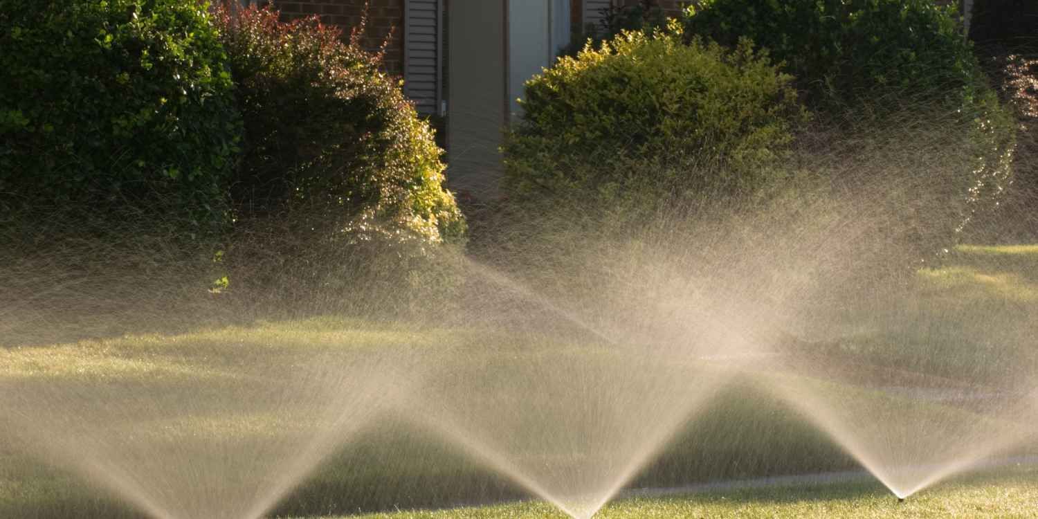 Sprinklers watering a sunlit lawn with mist and garden shrubs in the background