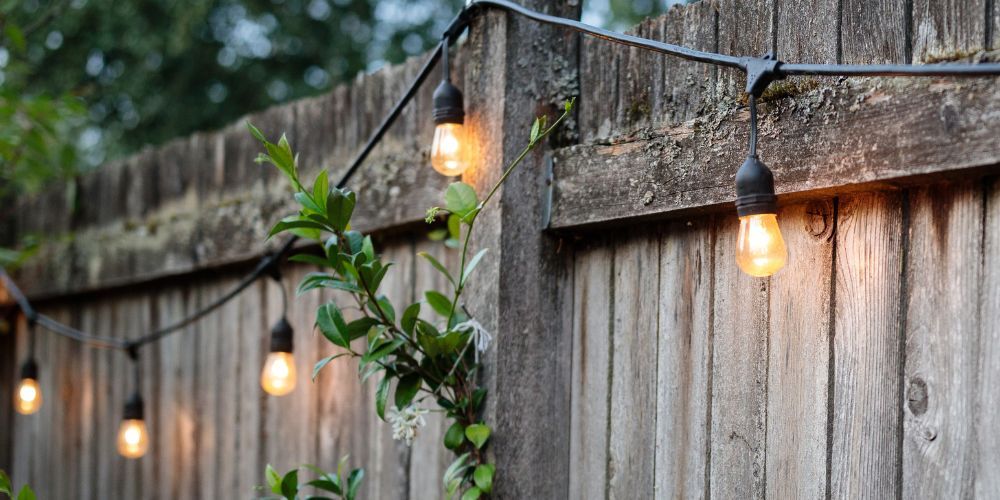 String lights illuminate a weathered wooden fence with climbing greenery.