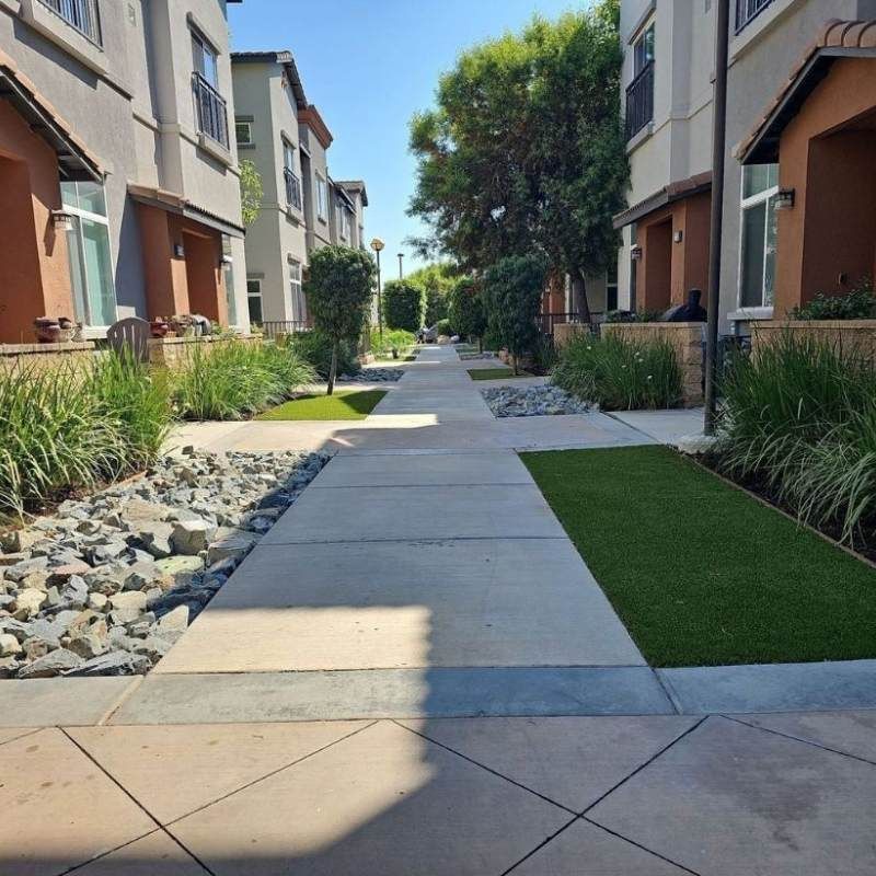Sidewalk lined with townhomes, grass, and decorative rocks. Sunny day.