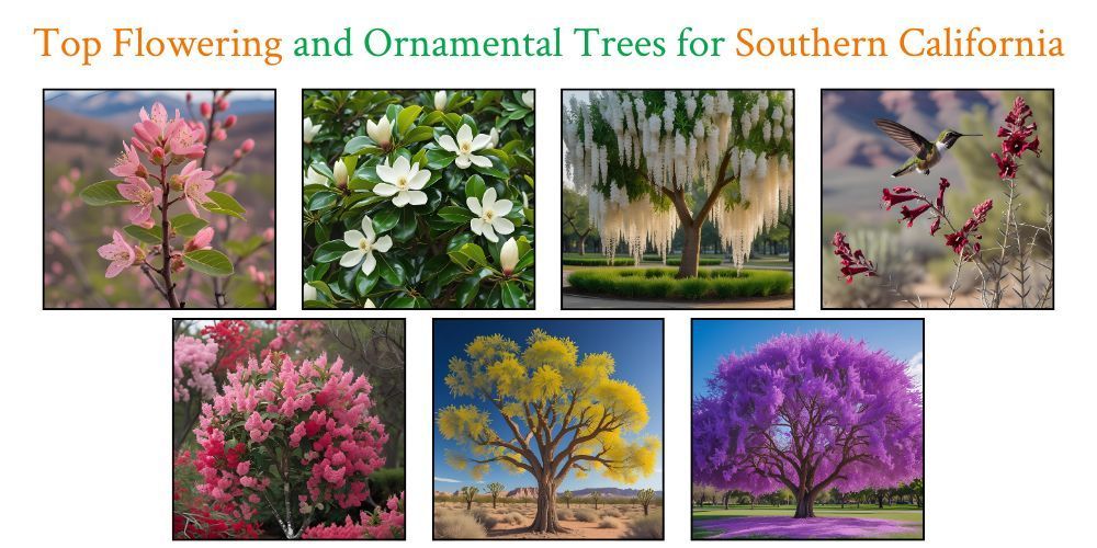 Top Flowering and Ornamental Trees for Southern California, featuring seven images of flowering trees.