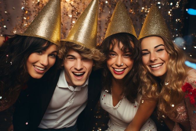Four friends in gold party hats smiling at a festive celebration with confetti lights
