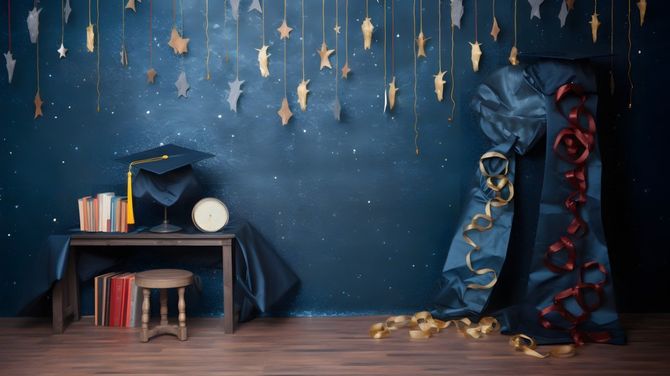 Blue graduation-themed backdrop with hanging stars, a cap on a desk, and draped blue-and-red fabric on the right