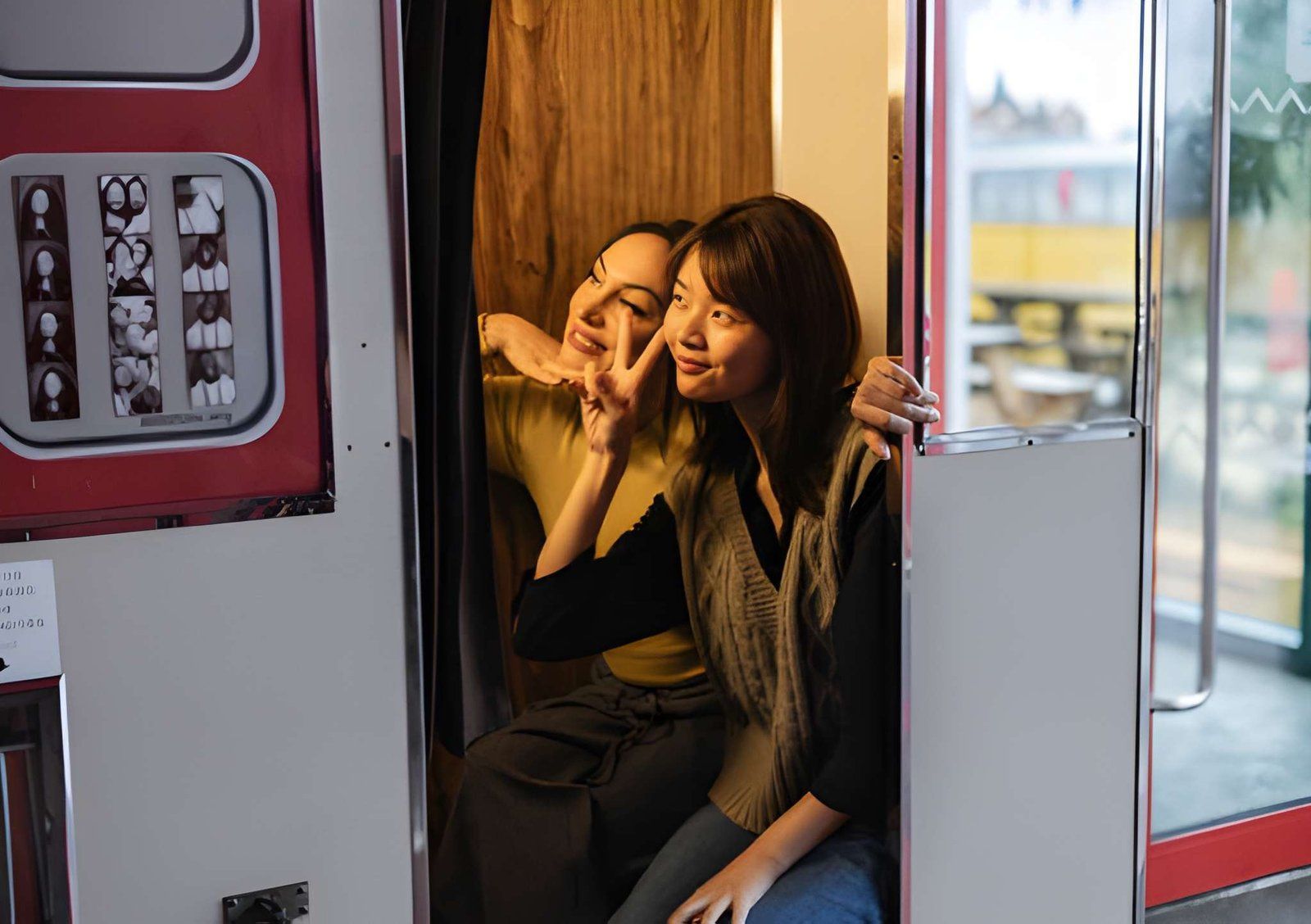 Two people sitting inside a train doorway, smiling and making peace signs