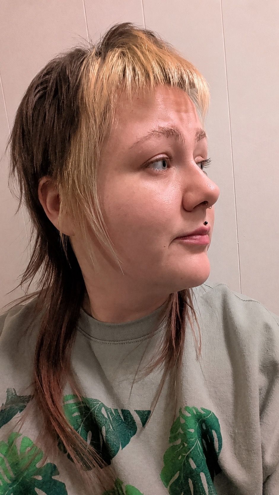 Side-profile portrait of a person with blond hair and dark streaks, wearing a gray shirt, looking right.