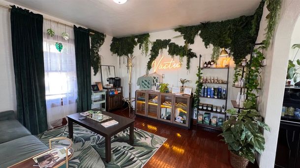 Cozy living room with plants, dark curtains, wood floors, and a glass cabinet with lit shelves