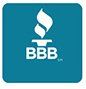 BBB logo with white torch on a teal square background