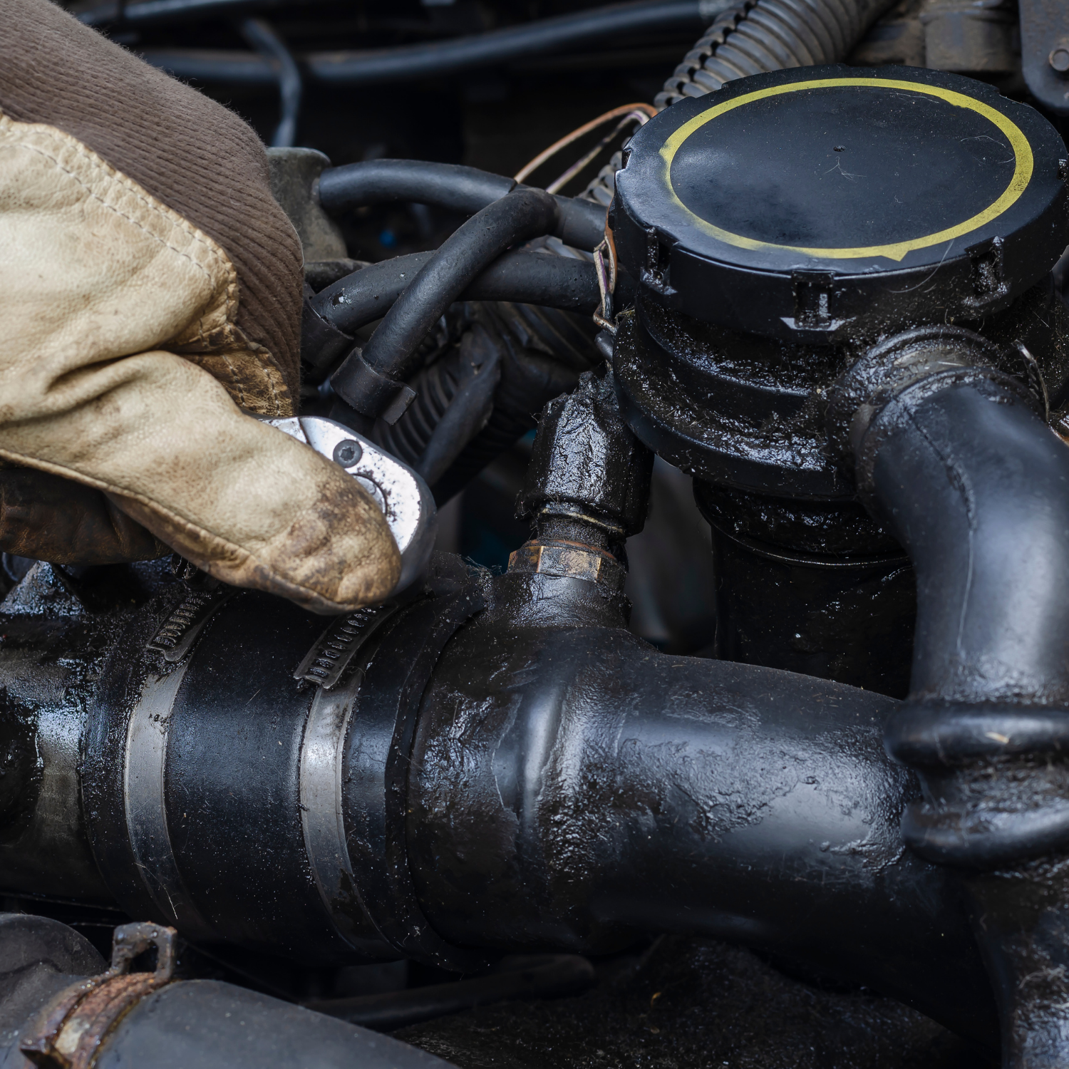 Gloved hand inspecting a black engine hose and connector, with a round cap in the background