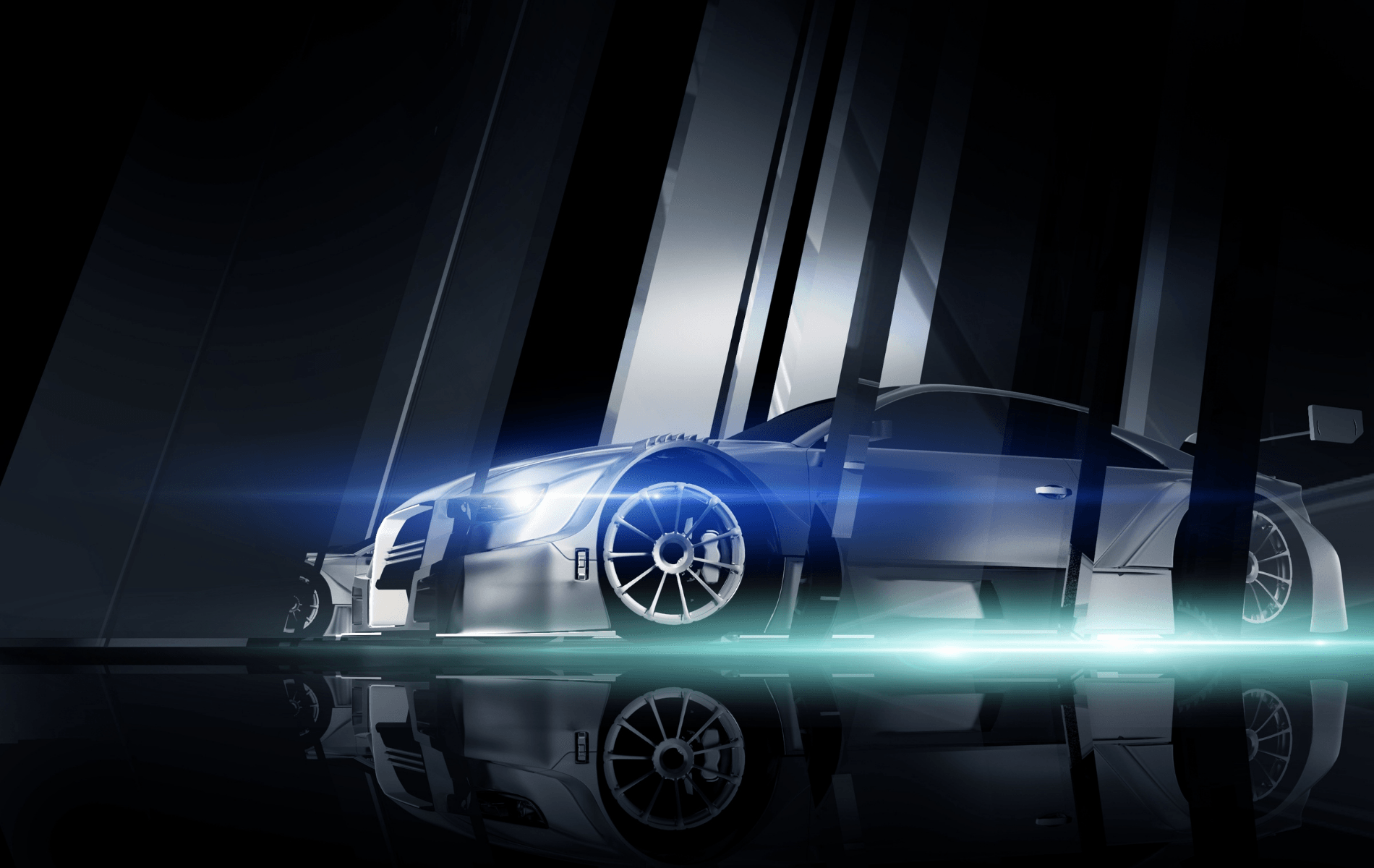 Blue sports car in a sleek dark studio with reflective floor and bright light streaks