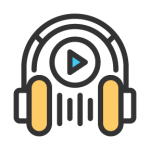 Headphones with play button and audio wave.
