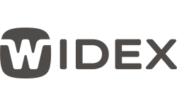 Widex logo: a dark gray 