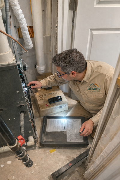 Technician inspecting HVAC equipment in a utility closet with tools and a clipboard