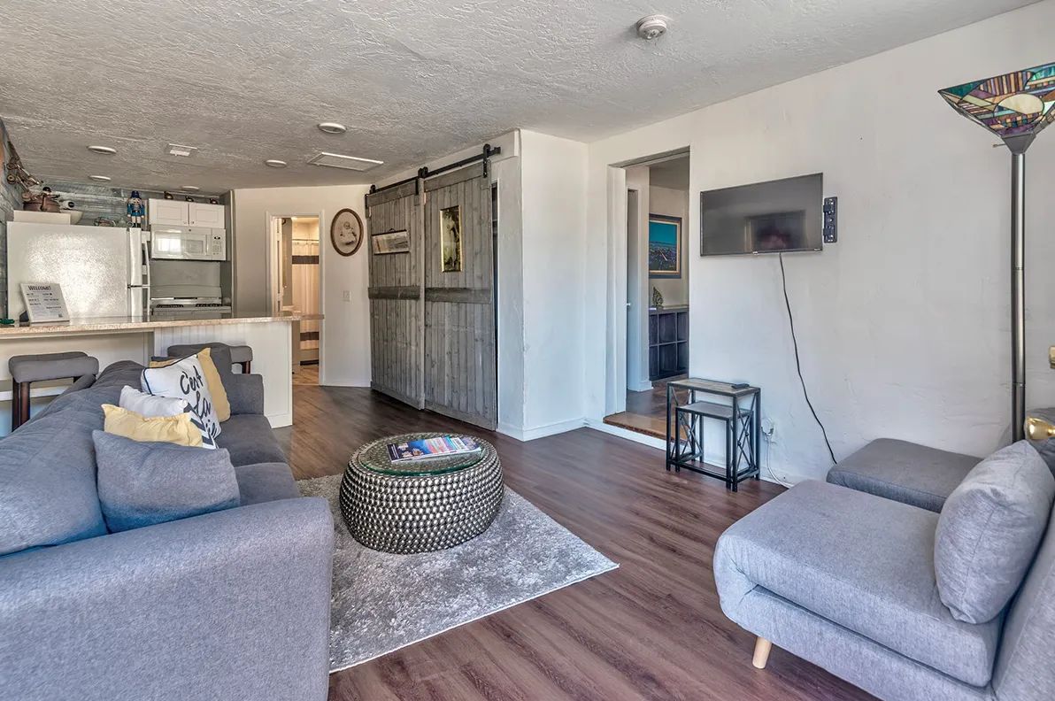 Modern living room with gray sofas, TV, kitchen area, and sliding barn door