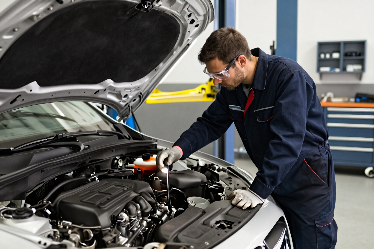 Technician checking transmission fluid on a vehicle in a Reno repair shop