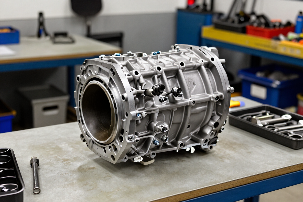 Rebuilt transmission on a workbench ready for installation