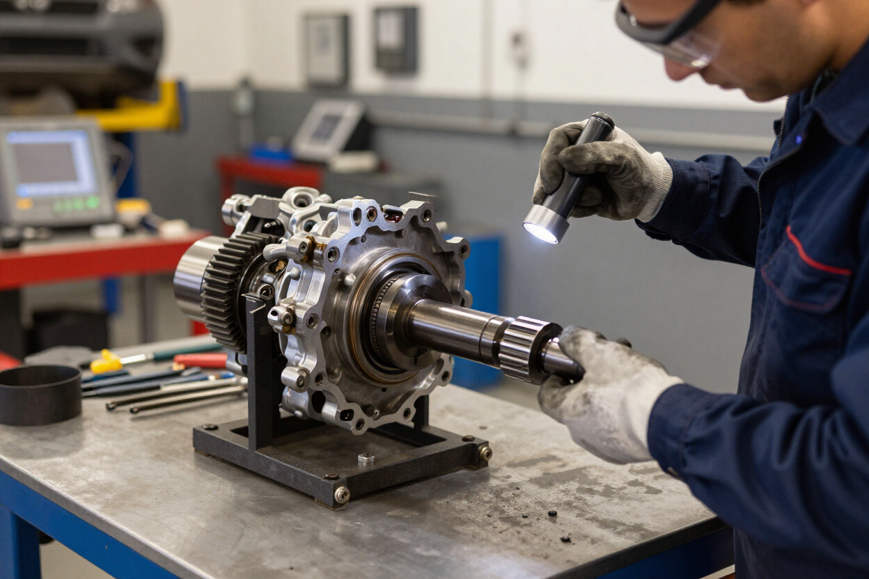 Differential and axle assembly being inspected in the shop
