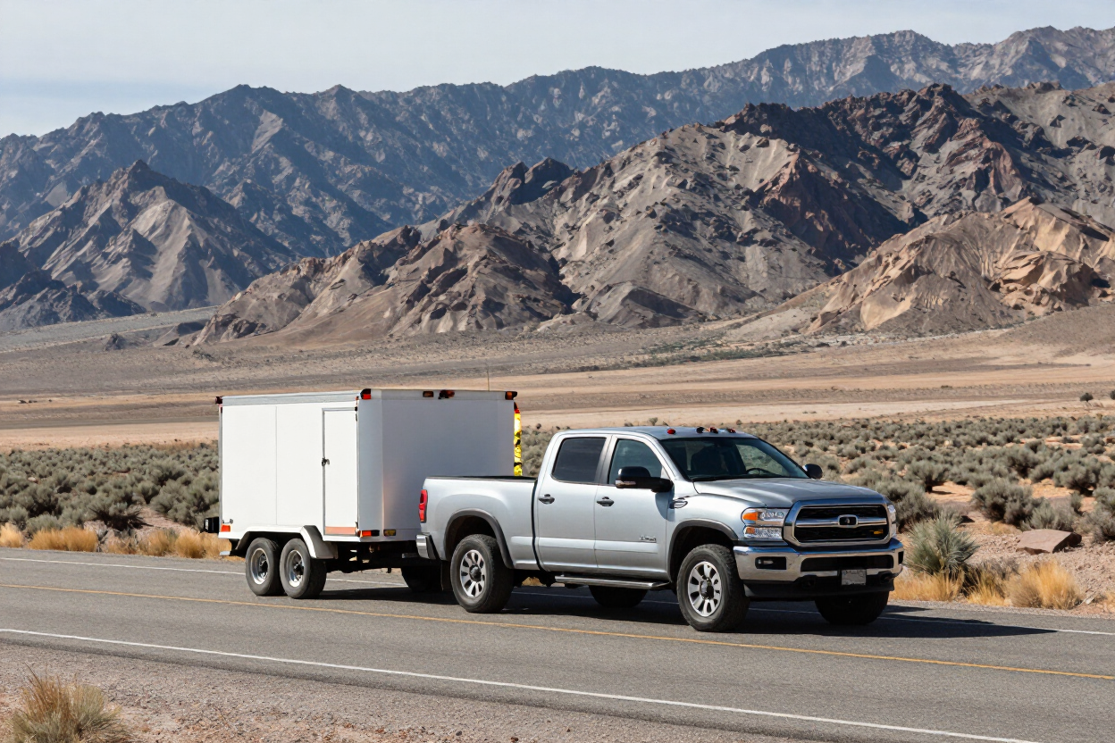 Pickup truck towing a trailer on a Northern Nevada highway