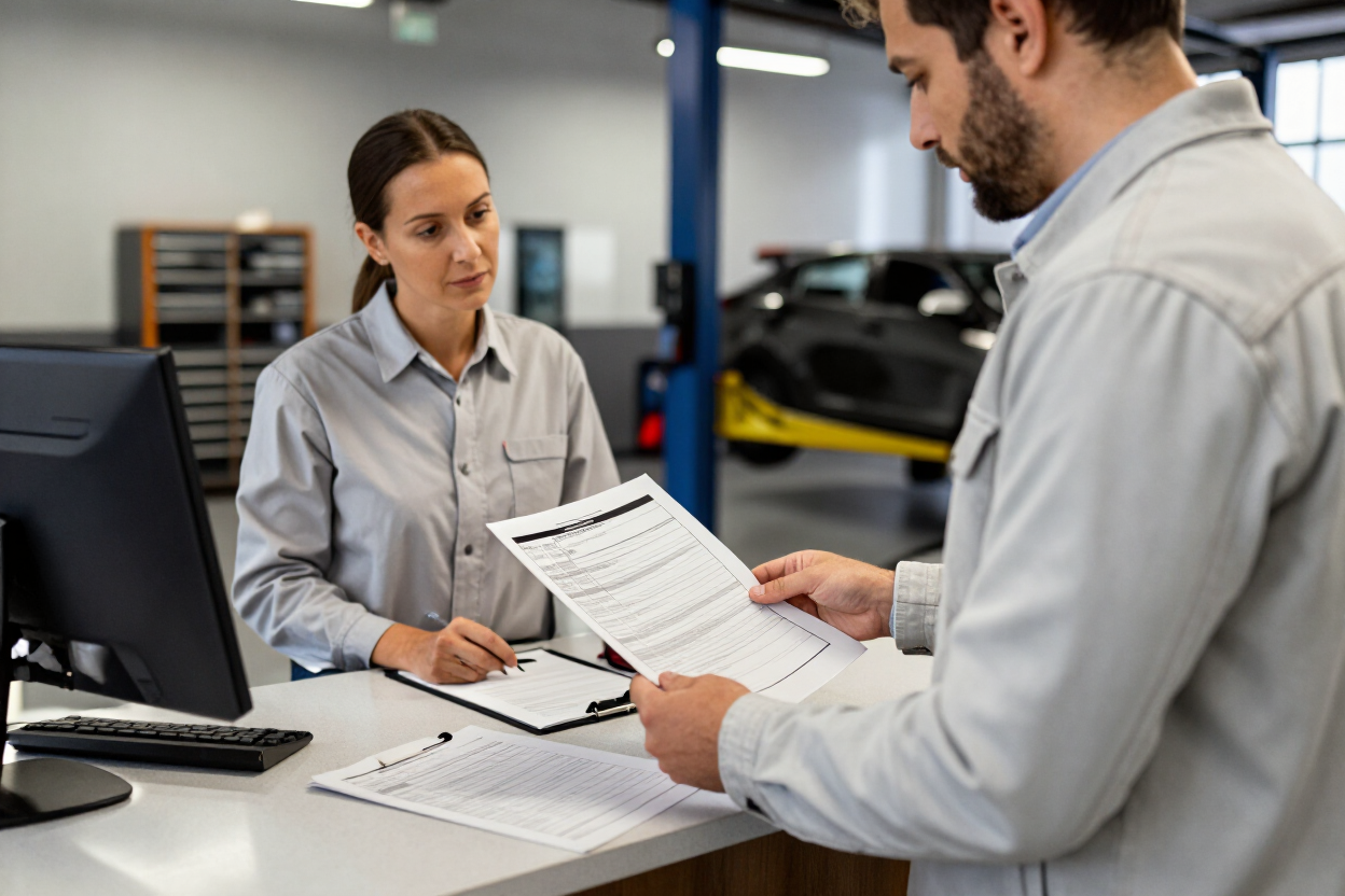 Customer reviewing repair paperwork at the service counter