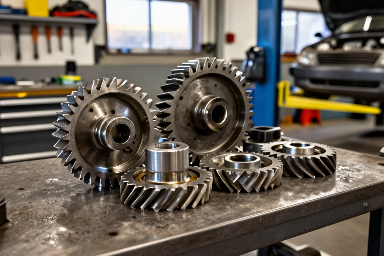 Transmission gears on a workbench