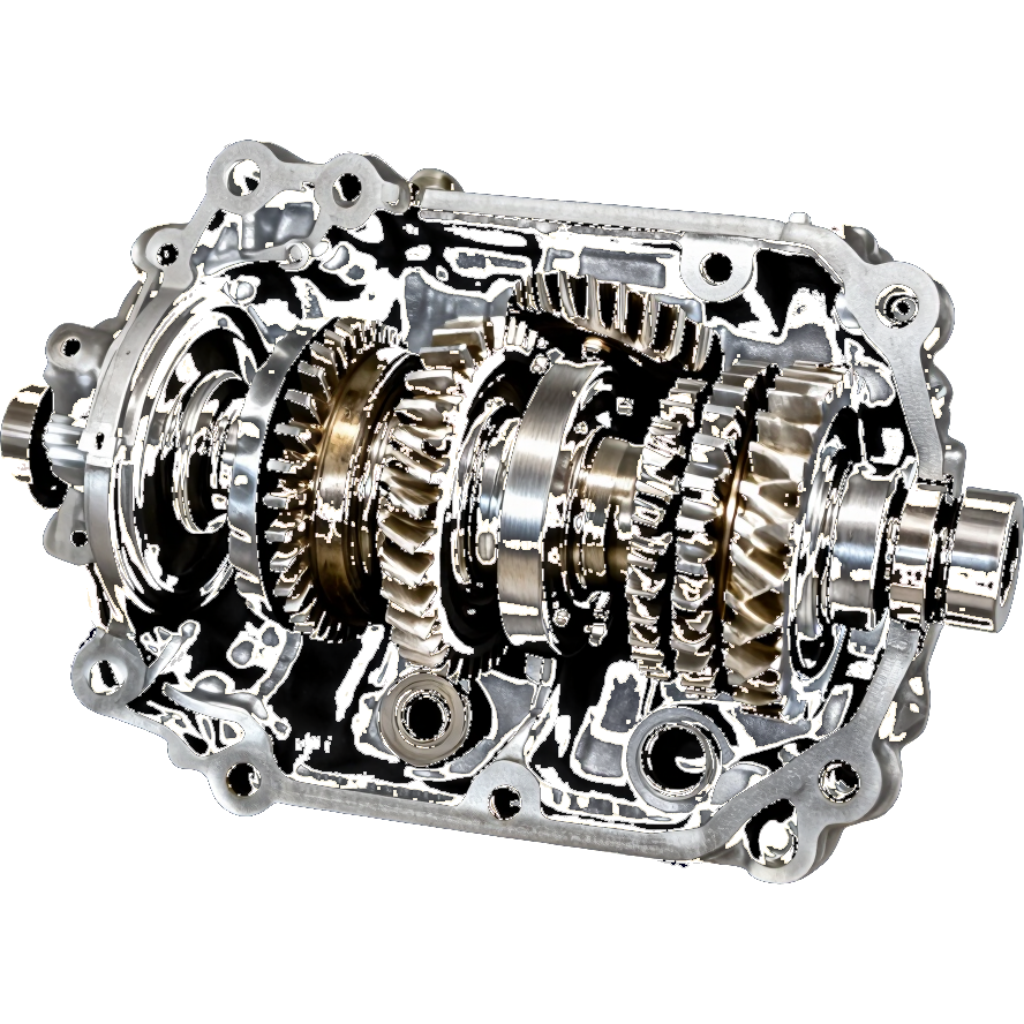 Cutaway view of a metal transmission gearbox with visible gears and shafts