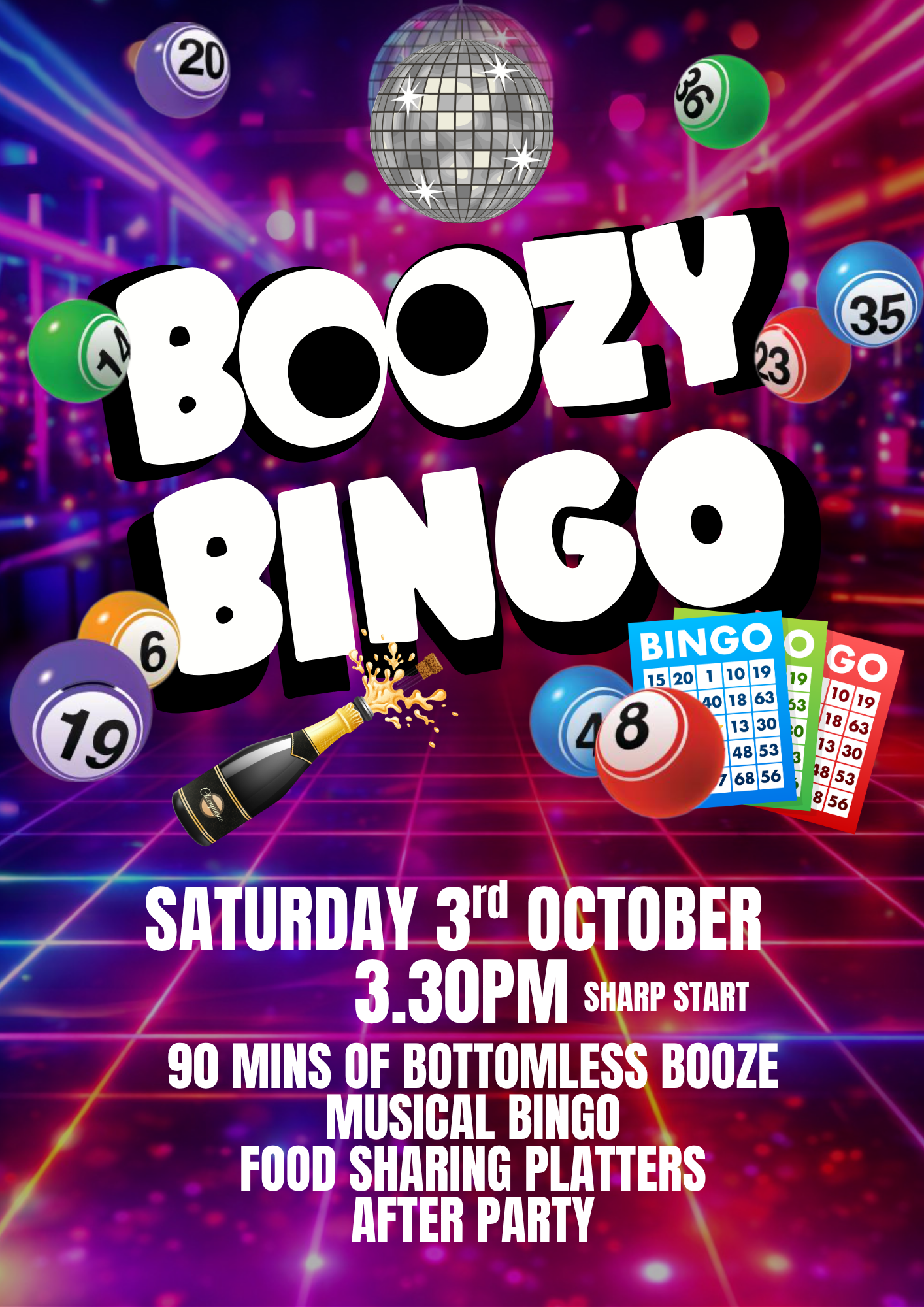 Boozy Bingo event poster with disco ball, bingo balls, and neon purple background