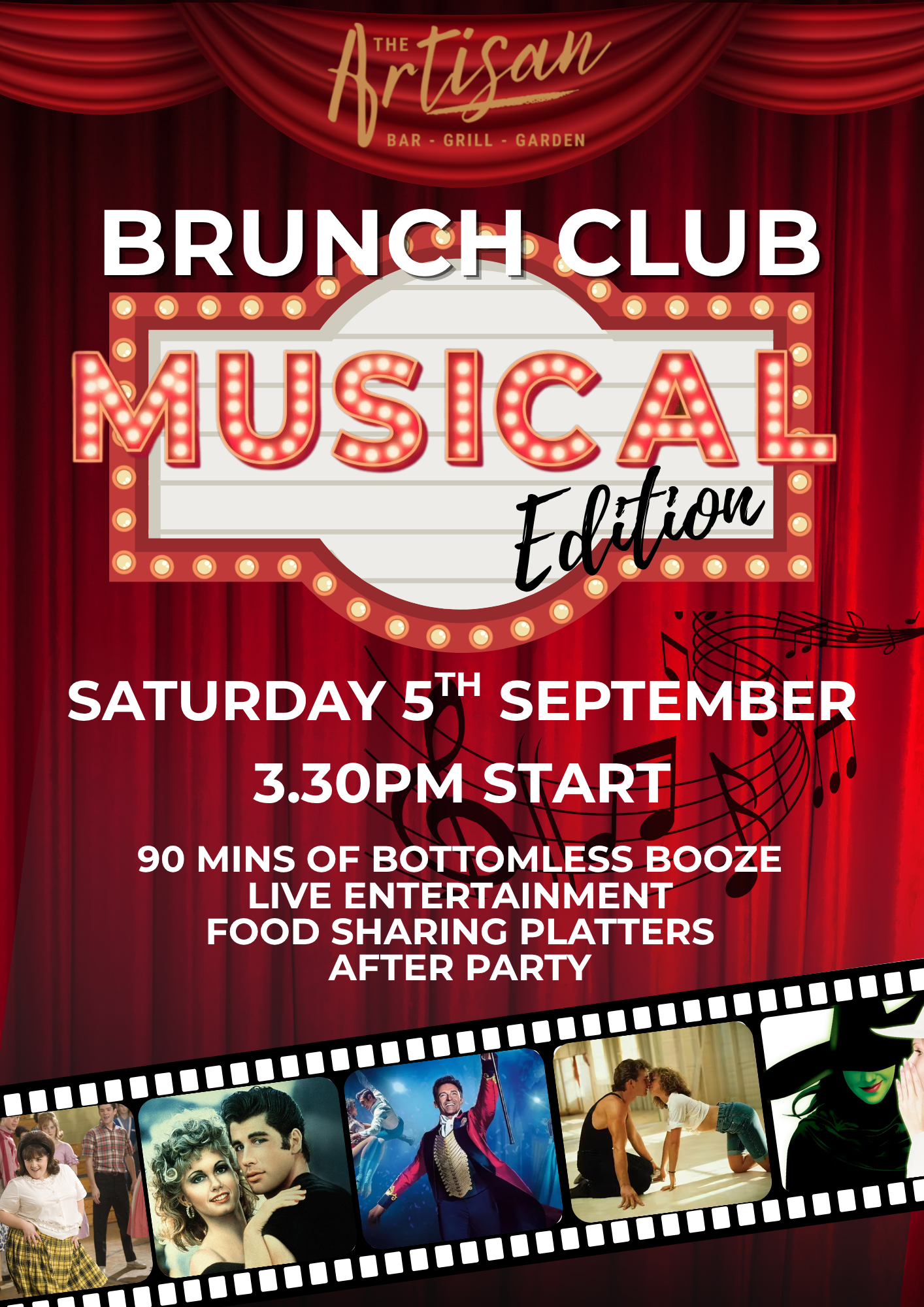 Brunch Club Musical Edition poster with red curtains, marquee lights, and event details for Saturday 5th September.