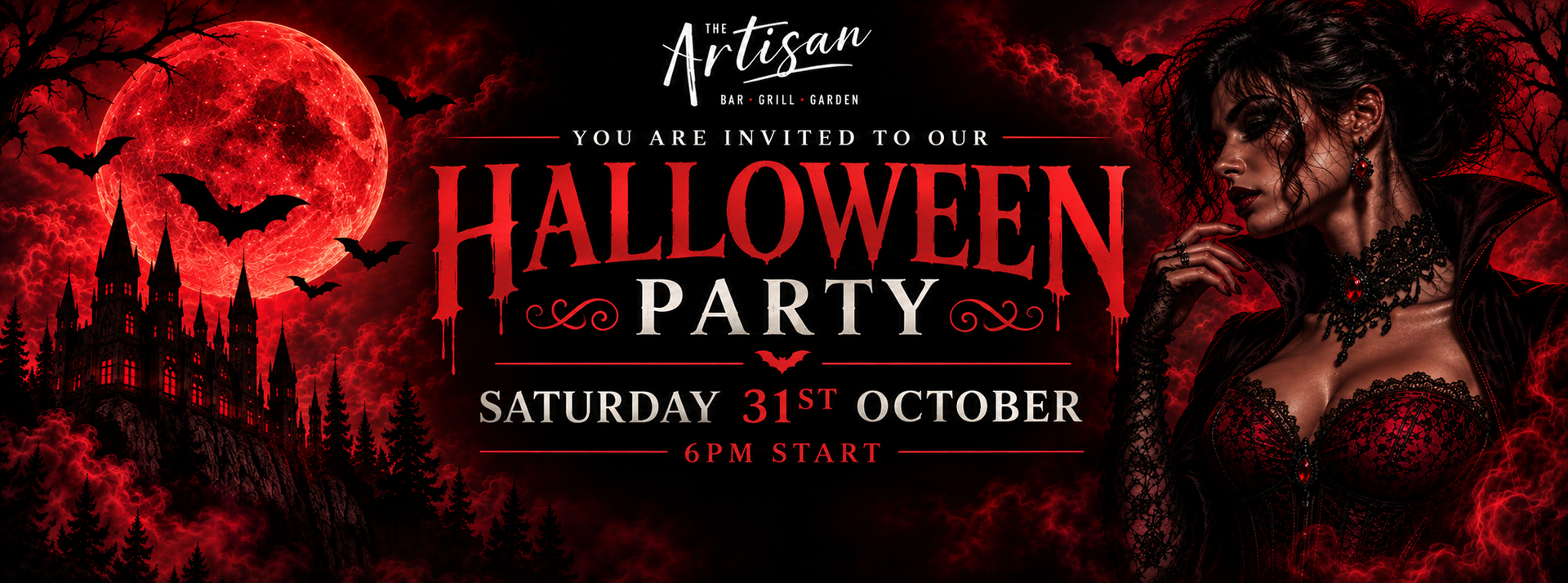 Halloween party poster with red moon, spooky figures, and bold October 31 date