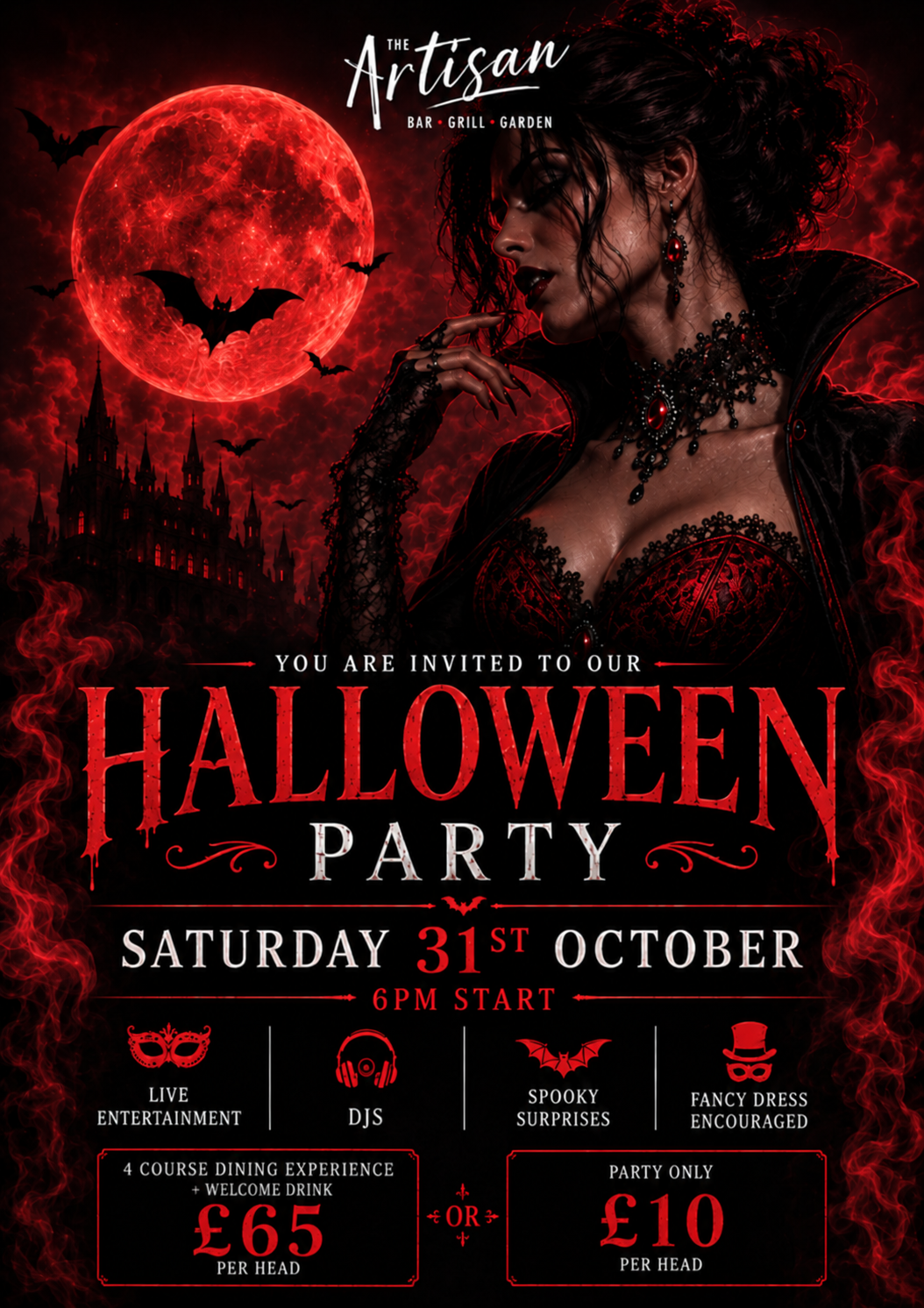 Halloween party poster with a red moon, gothic woman, and event details on a black background