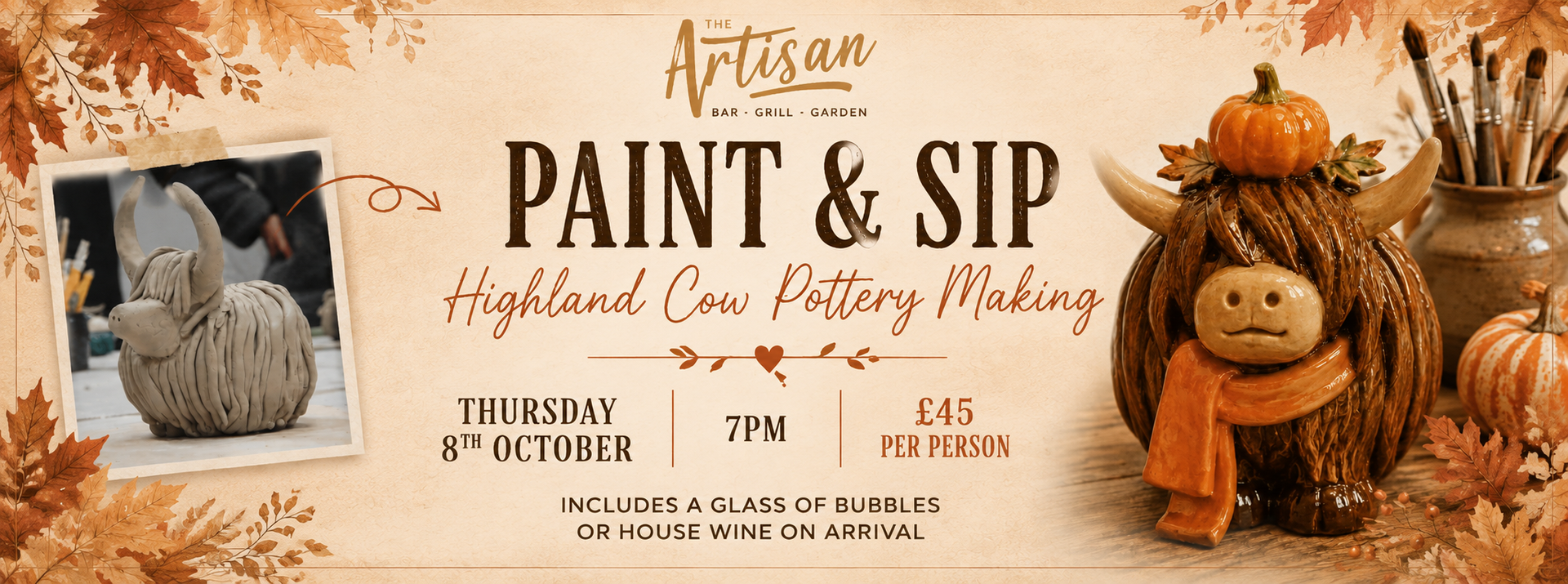 Halloween paint-and-sip event flyer with pumpkins, a paint brush, and a cute autumn decor arrangement