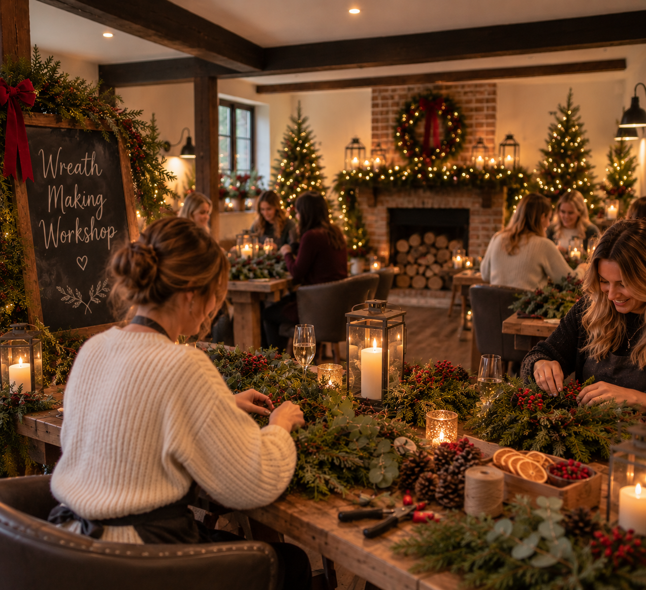 Festive café with holiday wreaths, candles, and people chatting at a long table amid evergreen decor