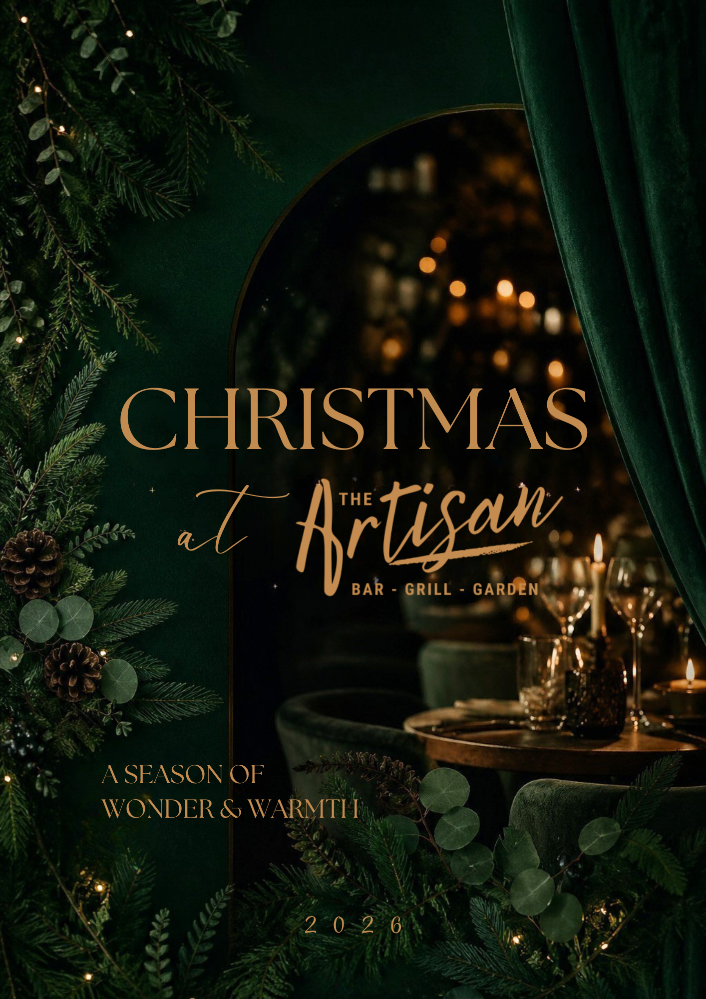 Christmas at Artisan event poster with dark greenery, gold candles, and elegant script text