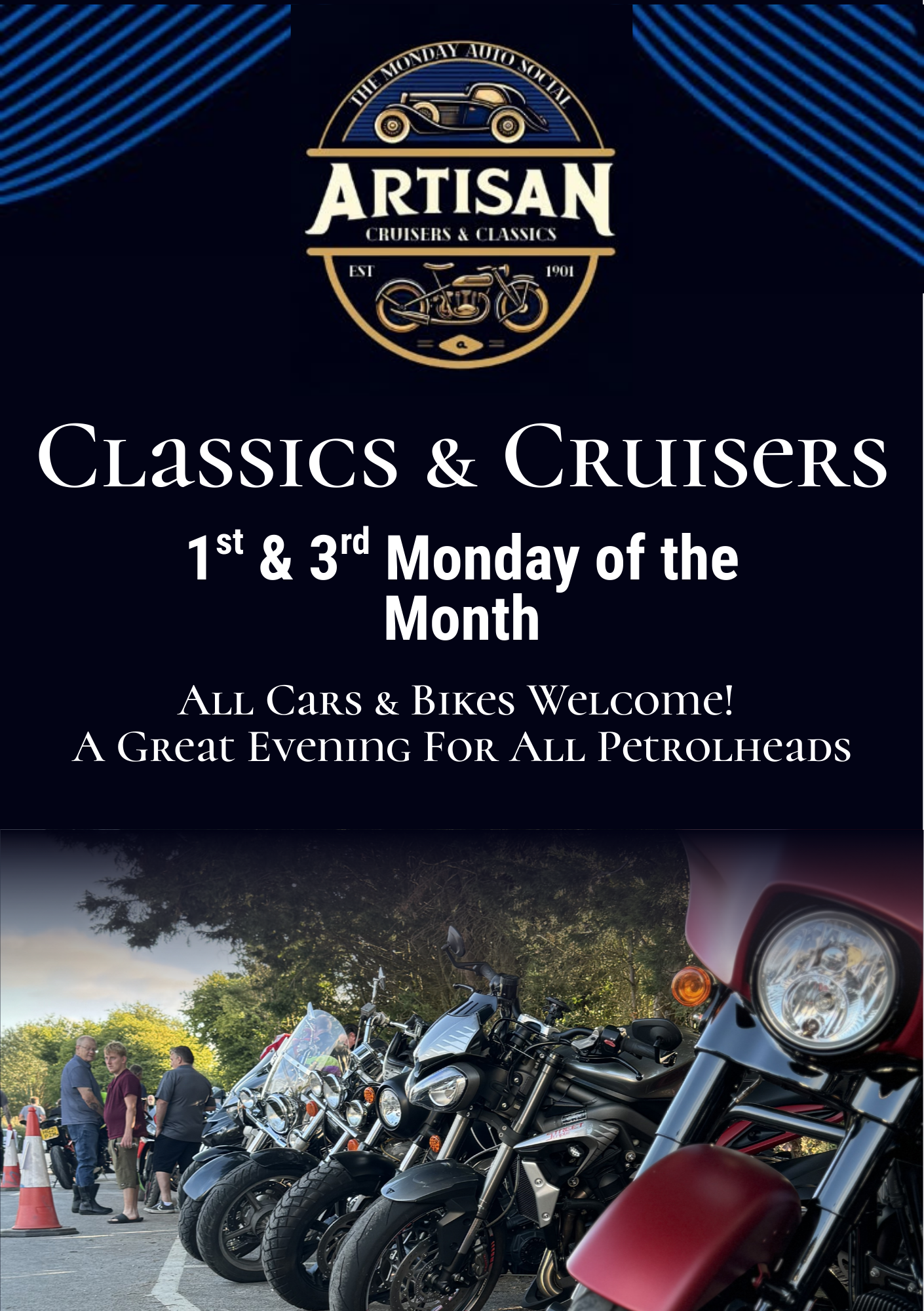 Artisan Motorcycle Club “Classics & Cruisers” event flyer with motorcycles and riders at dusk