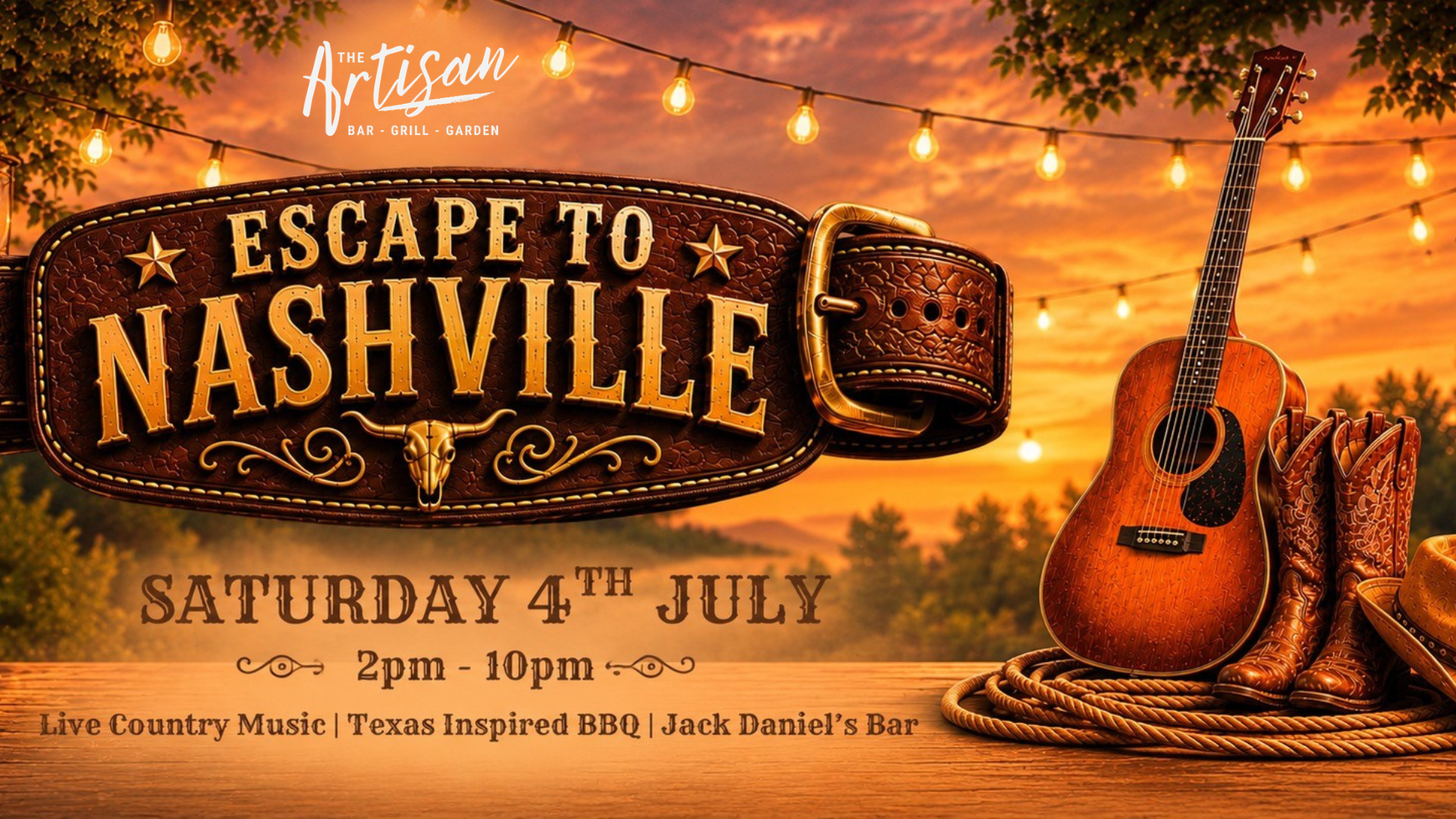 Escape to Nashville concert poster with guitar, sunset sky, string lights, and July 4th date.