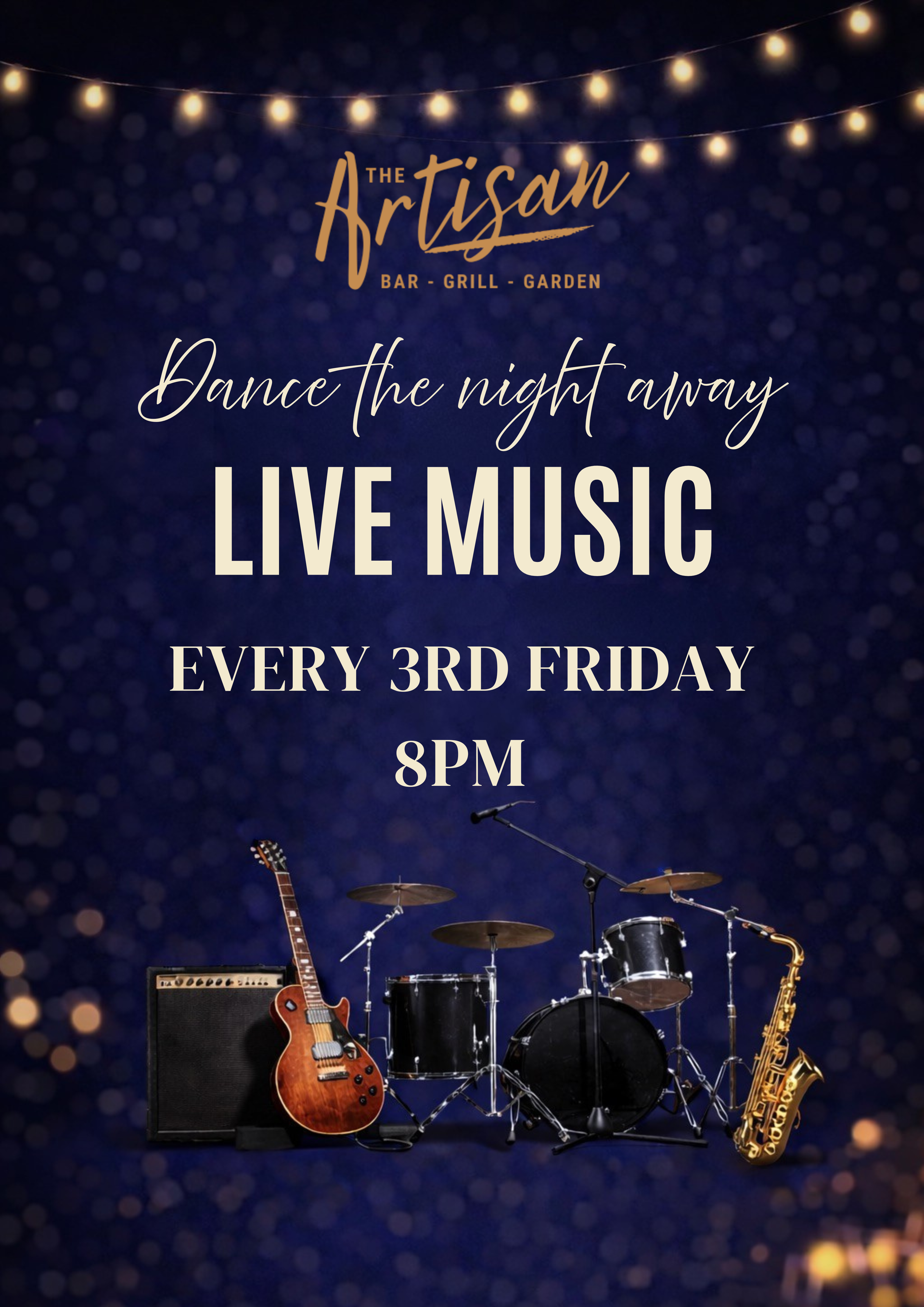 Artisan poster for live music every Saturday at 8 PM with guitars, drums, and saxophone on a dark blue background