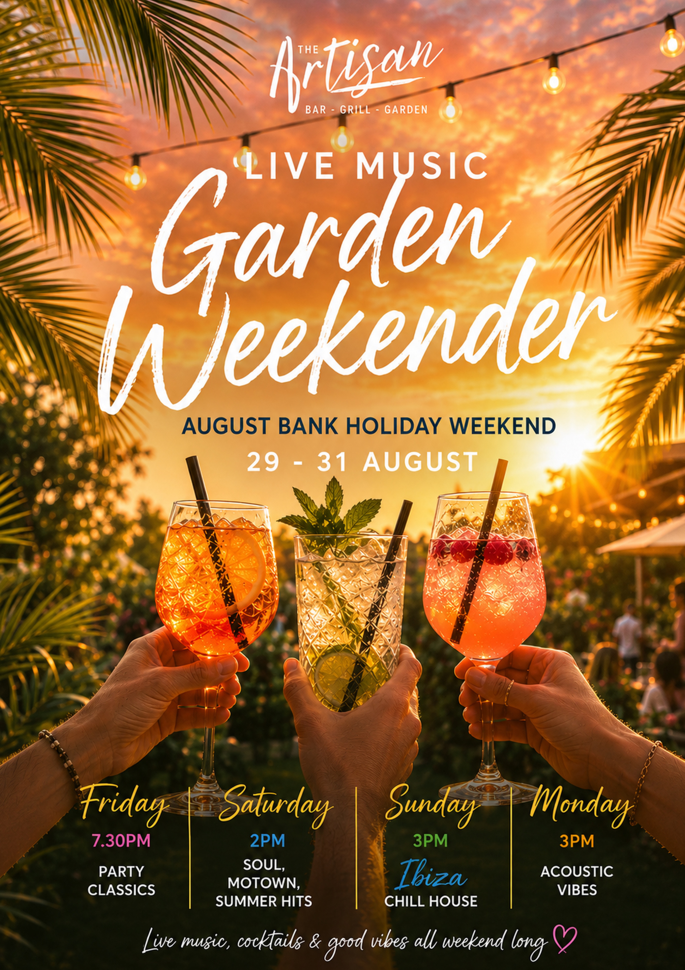 Live music garden weekend poster with sunset cocktails and string lights, August Bank Holiday weekend dates below