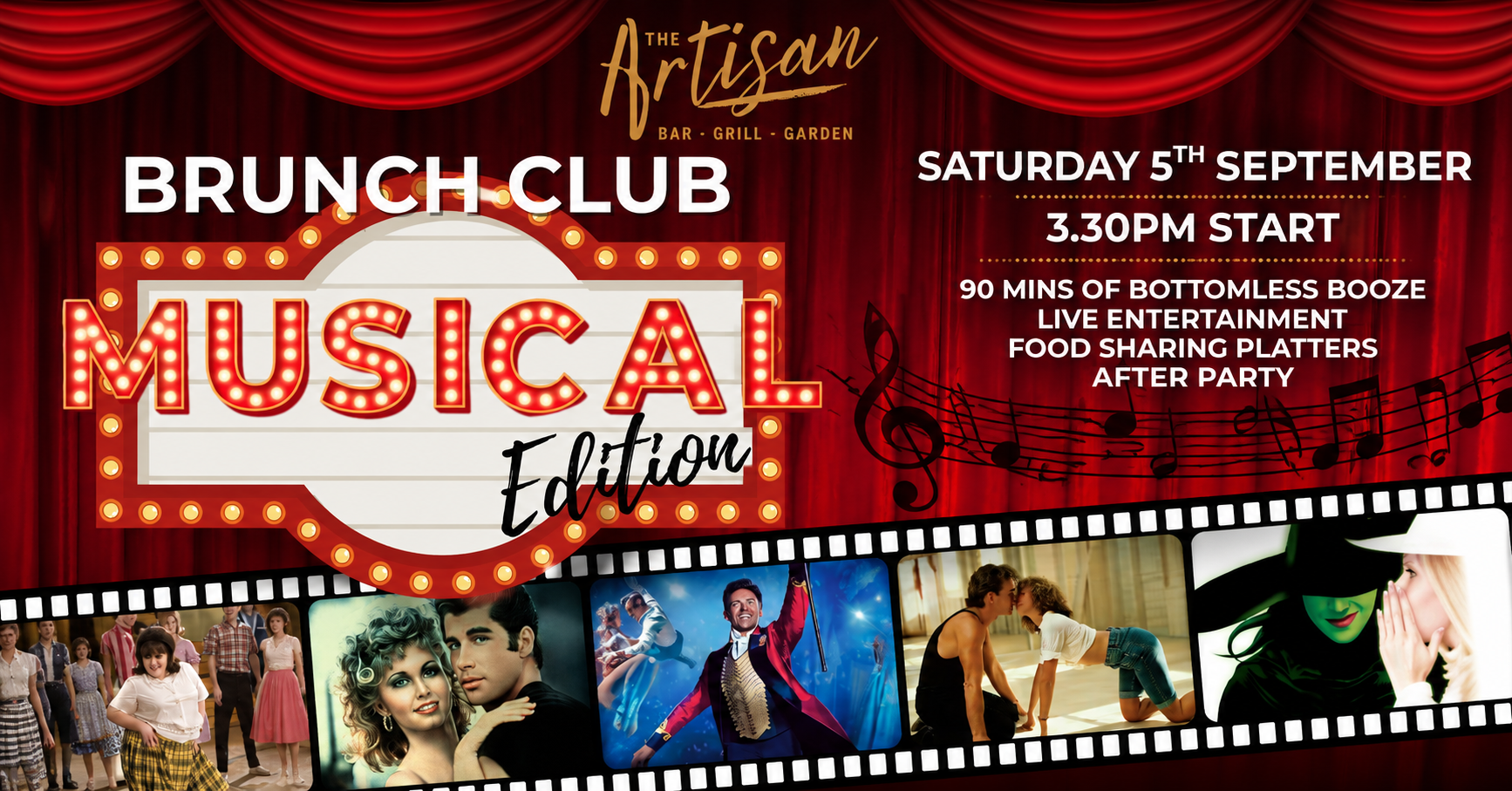 Brunch Club Music Festival poster with red marquee lights, September 5 start time, and performer photos strip