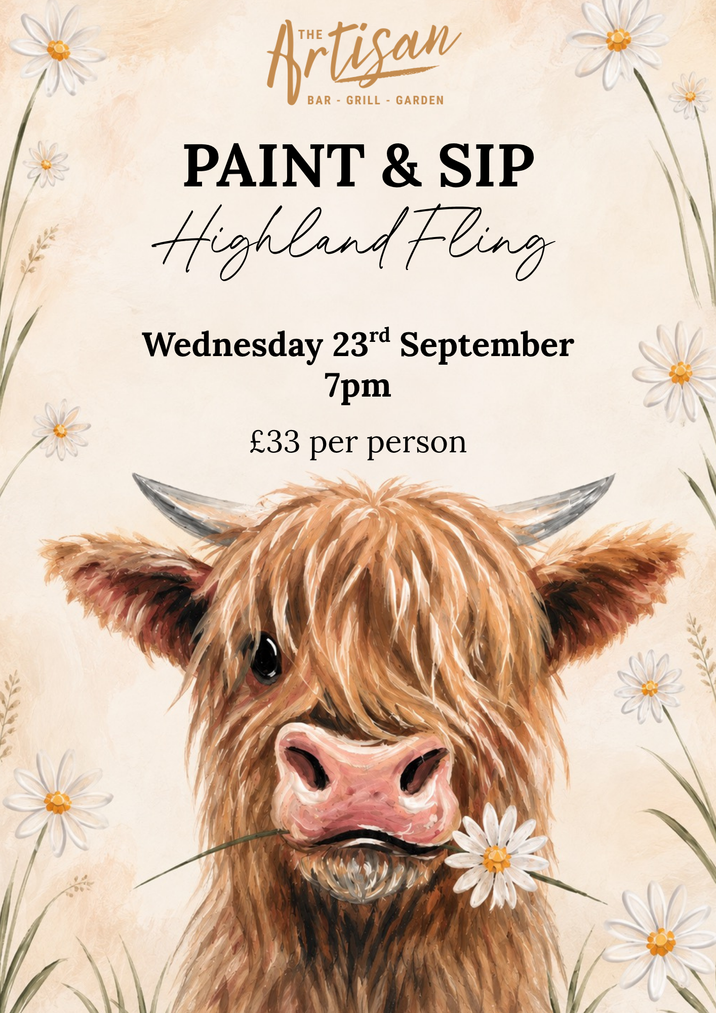 Paint & Sip event poster with a highland cow and white flowers, Wednesday 23rd September, 7pm, £35 per person
