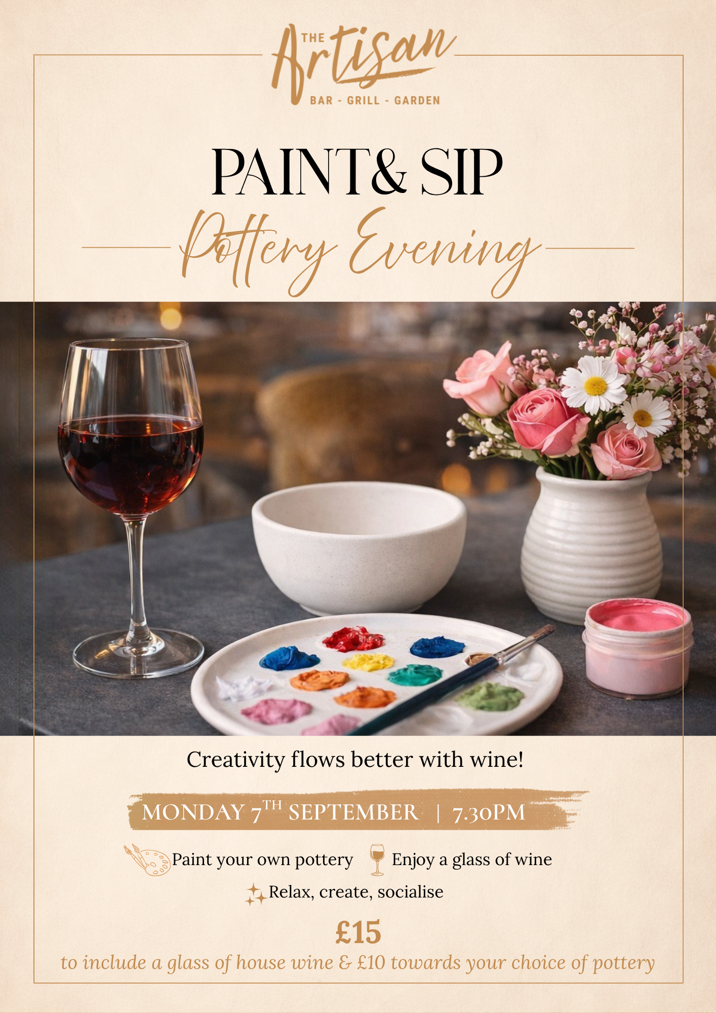 Paint and sip evening flyer with wine, flowers, palette, and brushes on a table