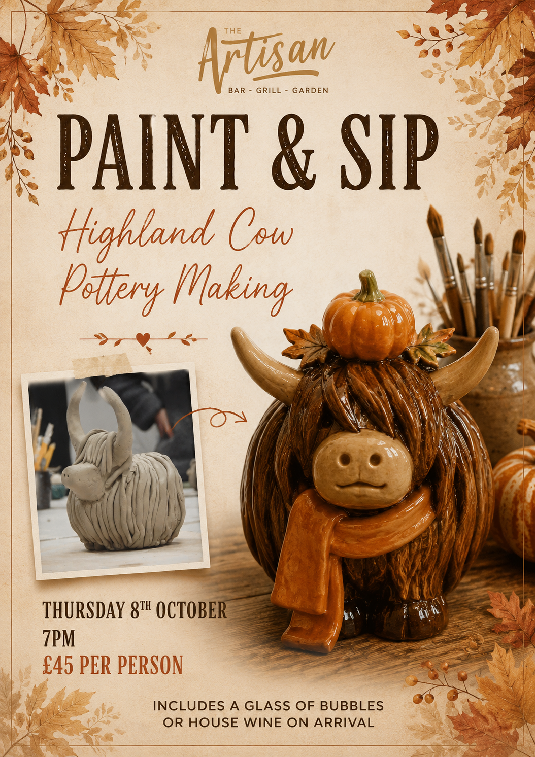 Artisan paint-and-sip autumn event flyer with pumpkin decor and a fall craft project