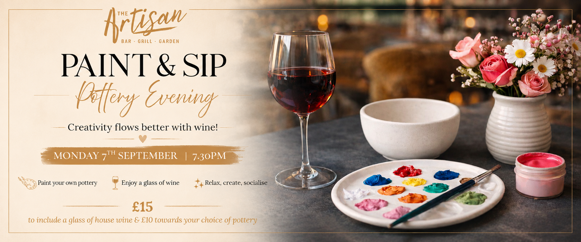 Paint and sip event flyer with watercolor citrus, seaside painting, and blue-and-white striped background