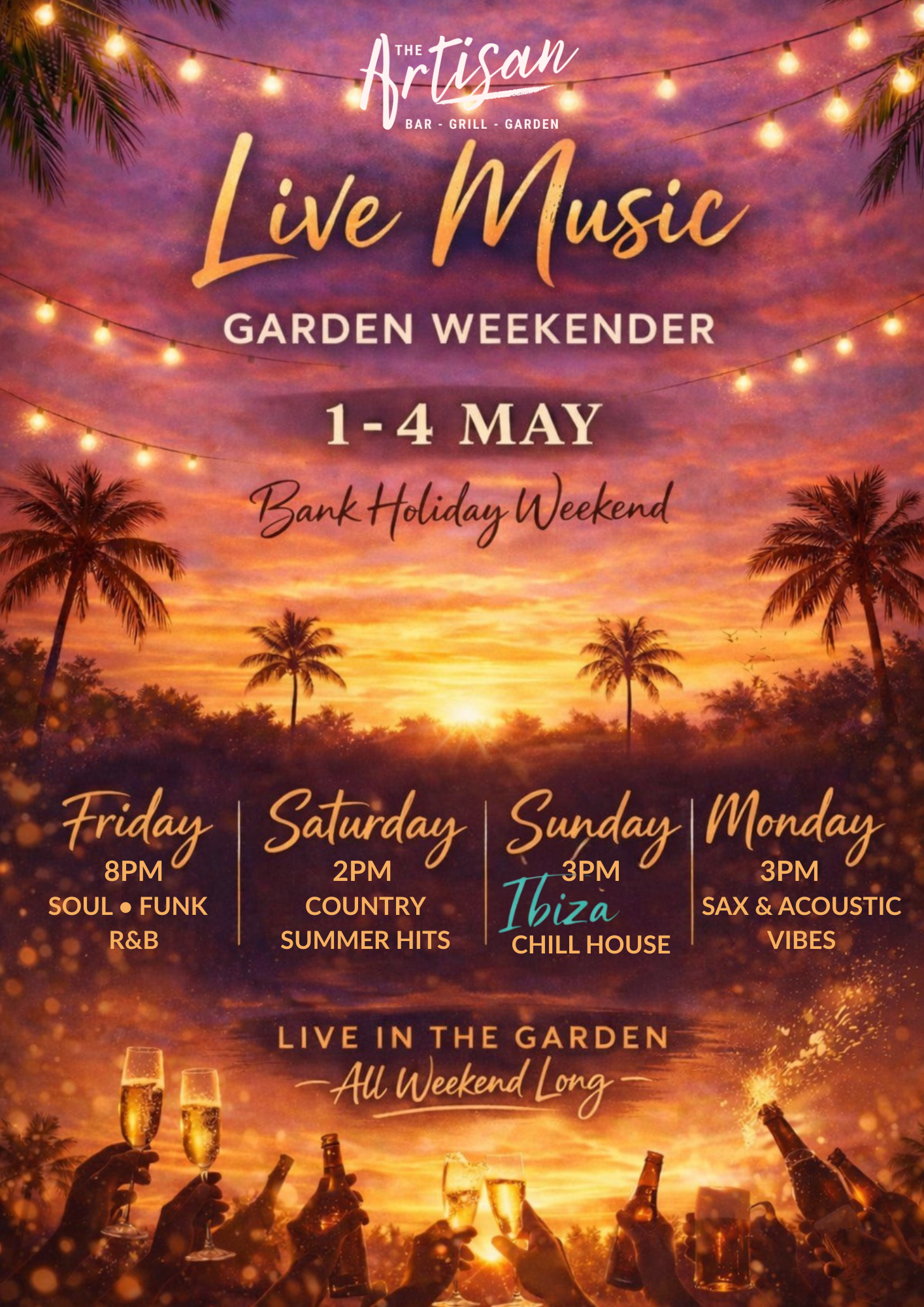 Artisan Live Music Garden Weekender poster with sunset palms and event dates May 1–4