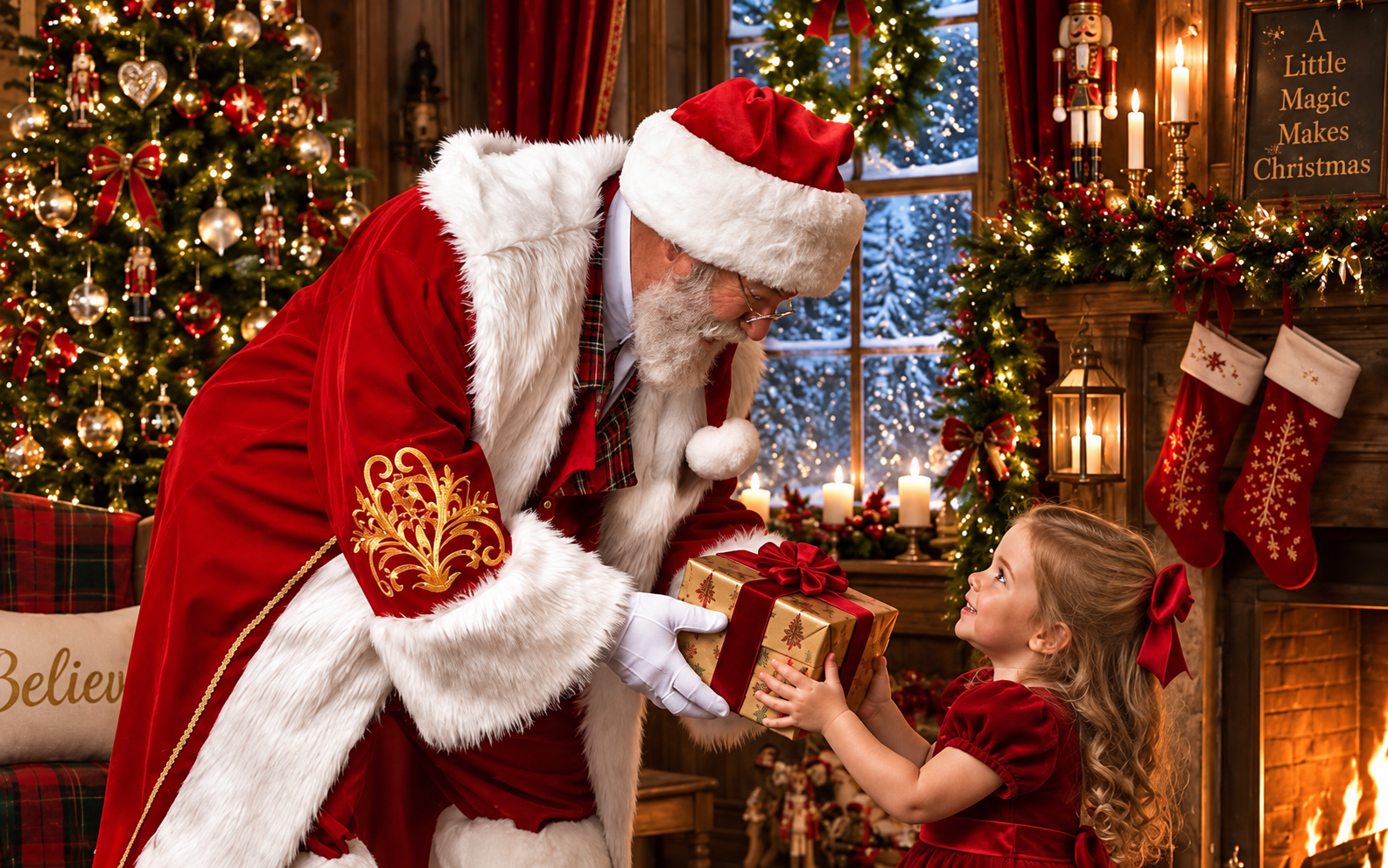 Santa's Grotto festive setup with fairy lights and Christmas tree