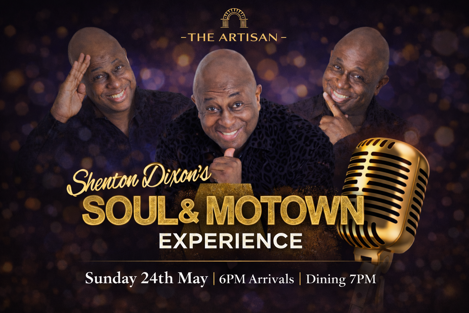 Promotional poster for “Sheson Divine’s Soul & Motown Experience” with singer portraits and a gold microphone