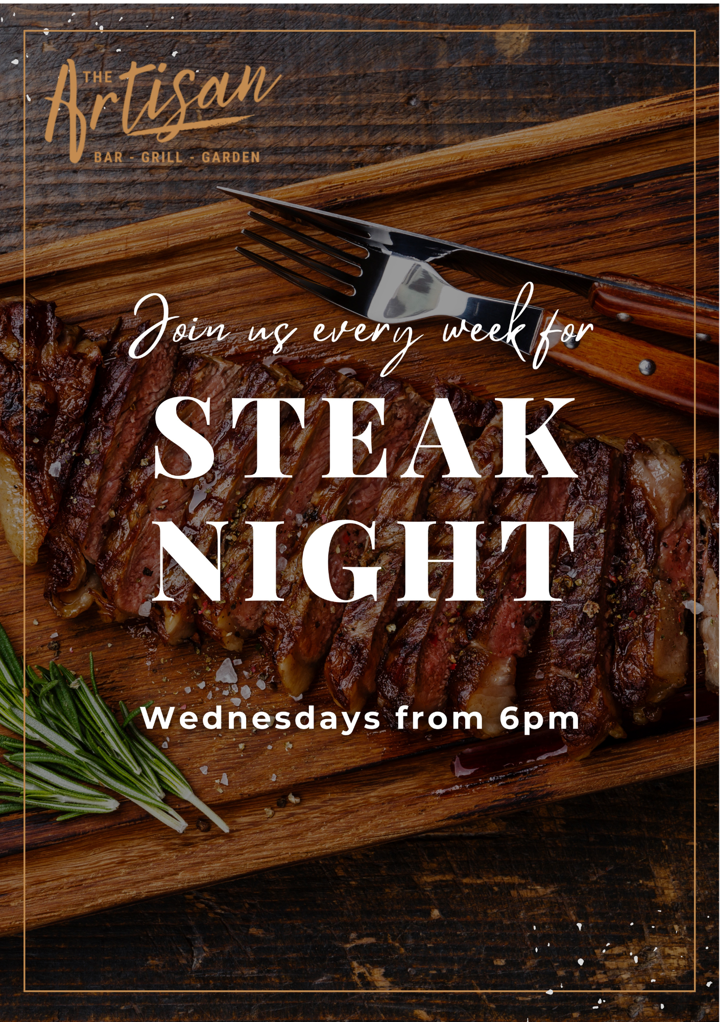 Rustic steak night poster with wooden board, knife, rosemary, and text “Steak Night” and “Wednesdays from 6pm”