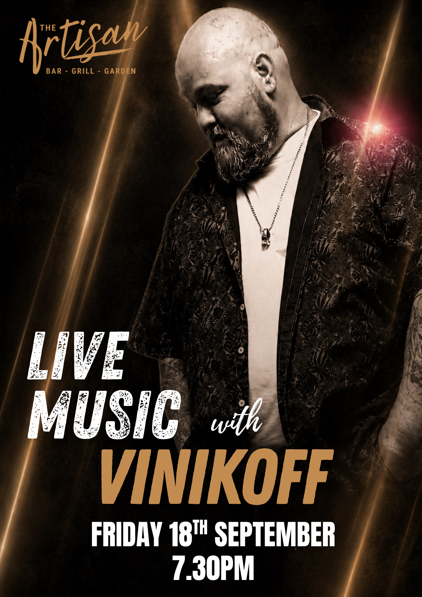 Live music poster for Vinikoff, Friday 18th September at 7.30pm, with a man in a black suit.