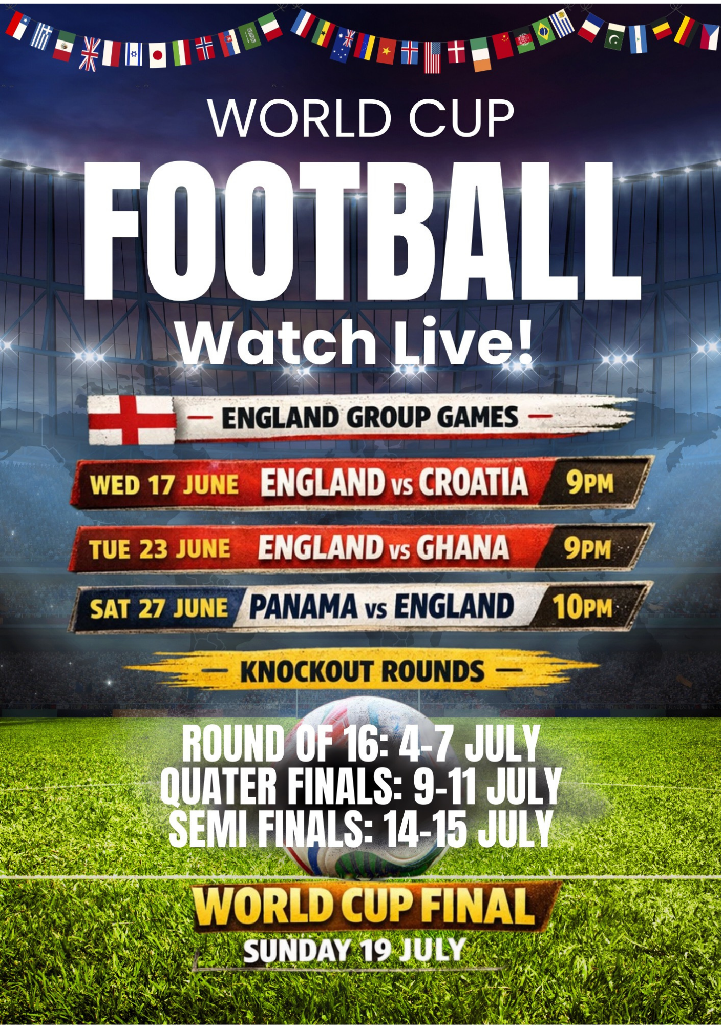 World Cup football watch live poster with England group games, knockout rounds, dates, and times on a stadium backdrop