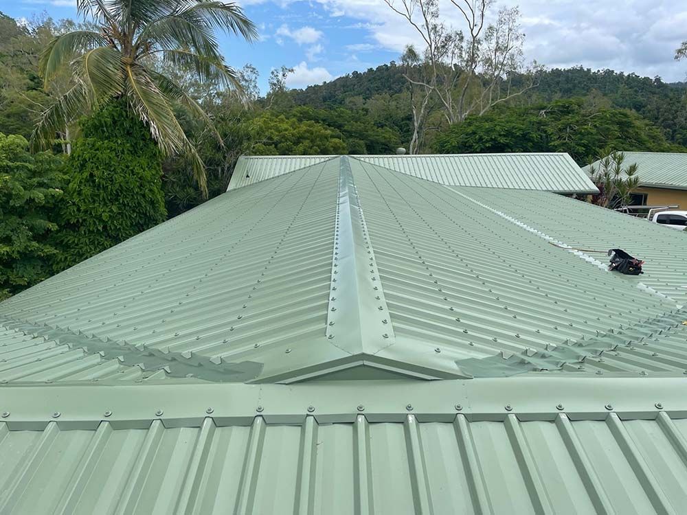 A Green Roof Of A House With Trees In The Background — Posty’s Roofing In Airlie Beach, QLD