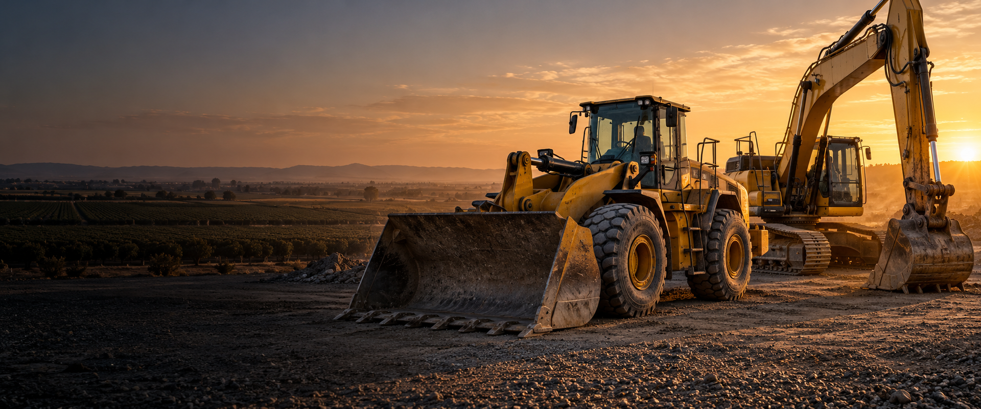 Illustration of used construction equipment in a Central Valley farm setting